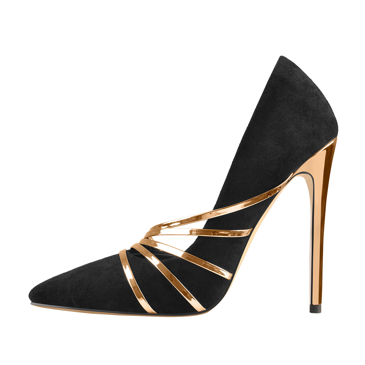 Pointed Toe Black Suede High Heel Gold Stiletto Pumps | Onlymaker Premium