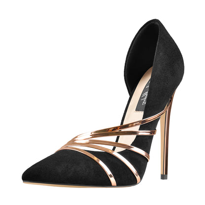 Pointed Toe Black Suede High Heel Gold Stiletto Pumps | Onlymaker Premium