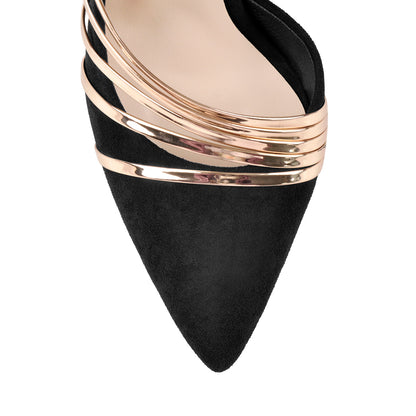 Pointed Toe Black Suede High Heel Gold Stiletto Pumps | Onlymaker Premium