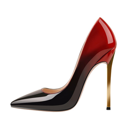 Black Red Gradient Patent Leather Metal Heels Pumps | Onlymaker Premium