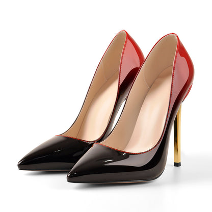 Black Red Gradient Patent Leather Metal Heels Pumps | Onlymaker Premium