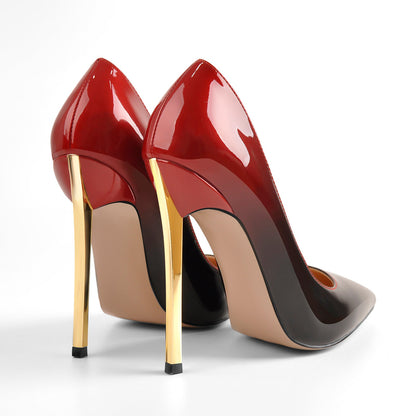 Black Red Gradient Patent Leather Metal Heels Pumps | Onlymaker Premium