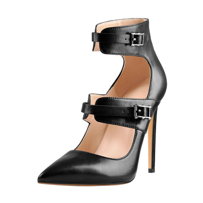 Black Matte Pointed Toe Double Buckle Straps Stiletto Pumps | Onlymaker Customer Favorite