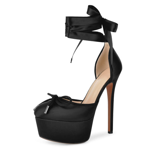 Bow Platform Ankle Lace-up Pumps | Onlymaker Premium