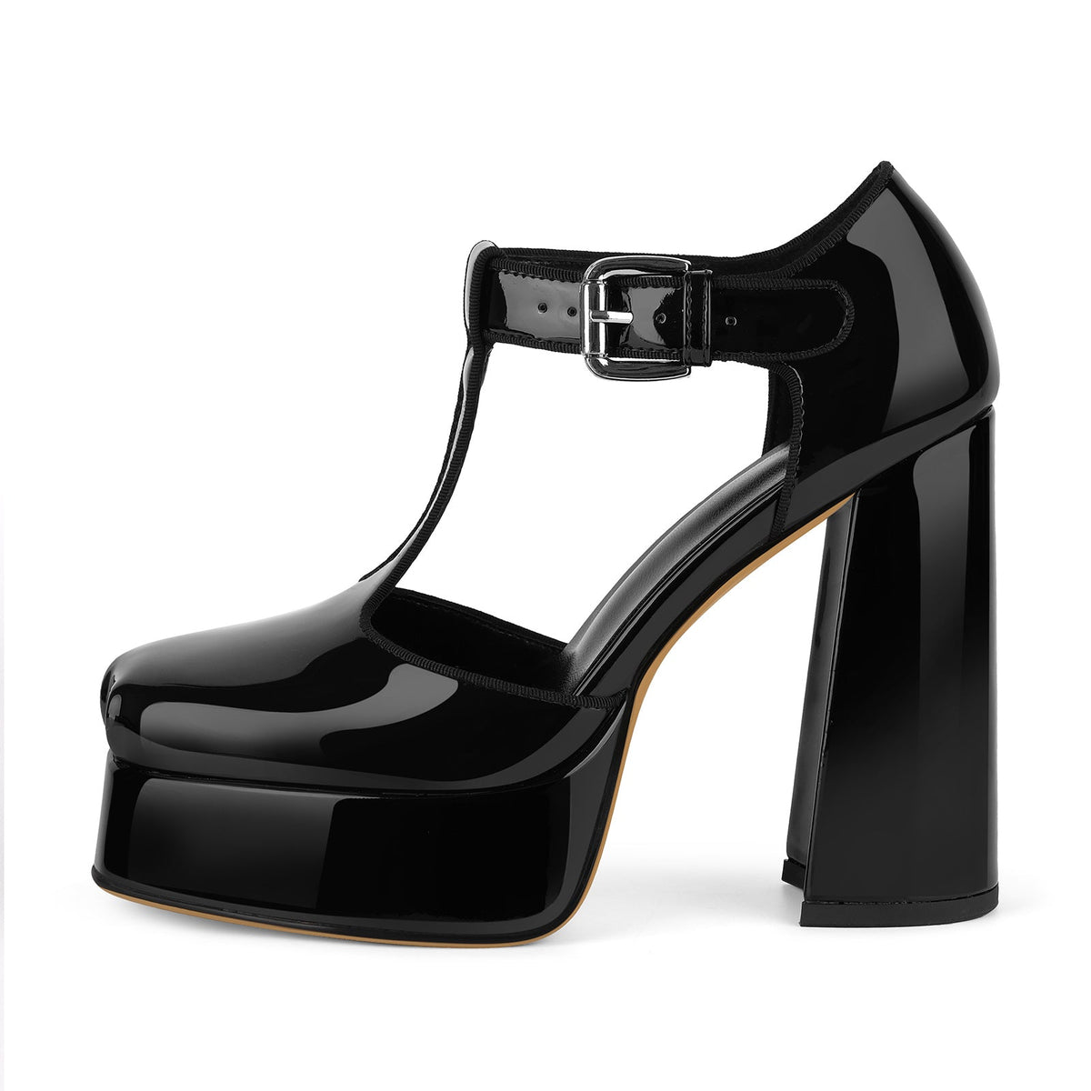 Square Toe Platform Buckle T-Strap Pumps | Onlymaker Essential