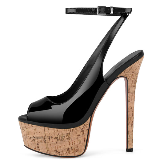 Peep Toe Wood Grain Platform Ankle Strap Slingback Heels | Onlymaker Exclusive