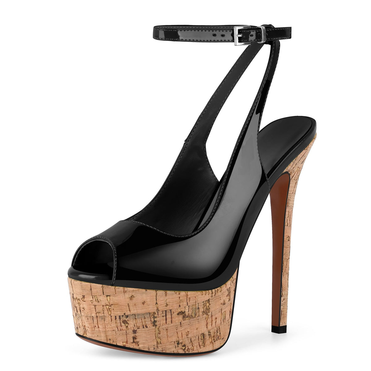 Peep Toe Wood Grain Platform Ankle Strap Slingback Heels | Onlymaker Exclusive
