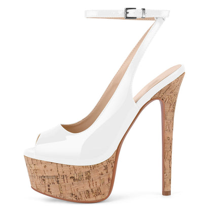 Peep Toe Wood Grain Platform Ankle Strap Slingback Heels | Onlymaker Exclusive