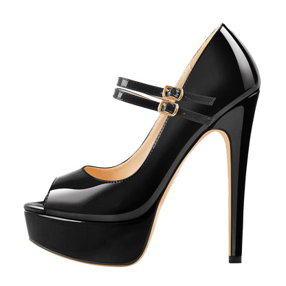 Black Peep Toe Platform Buckle Stiletto Pumps | Onlymaker Everyday