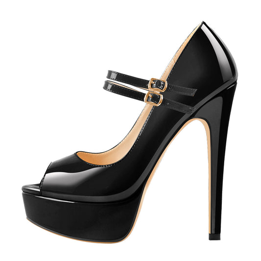 Black Peep Toe Platform Buckle Stiletto Pumps | Onlymaker Everyday
