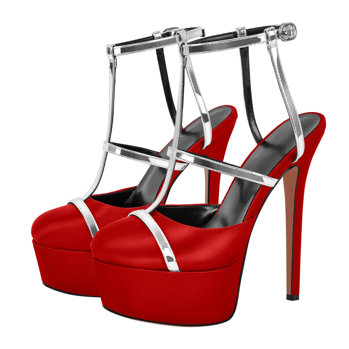 Round Toe T-Strap Platform Stiletto Pumps | Onlymaker New
