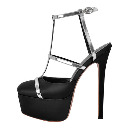 Round Toe T-Strap Platform Stiletto Pumps | Onlymaker New