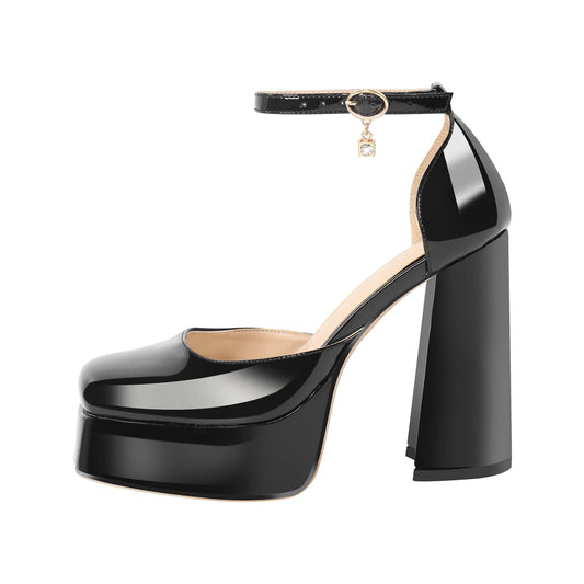 Square Toe Ankle Straps Platform Chunky Heel Pumps | Onlymaker Great Value