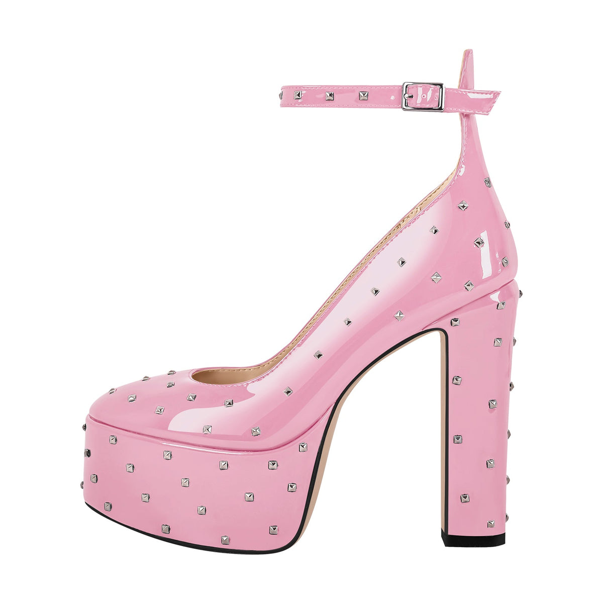 Rivet Platform Chunky Heel Ankle Strap Pumps | Onlymaker Everyday