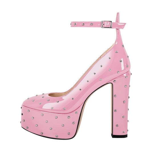 Rivet Platform Chunky Heel Ankle Strap Pumps | Onlymaker Everyday