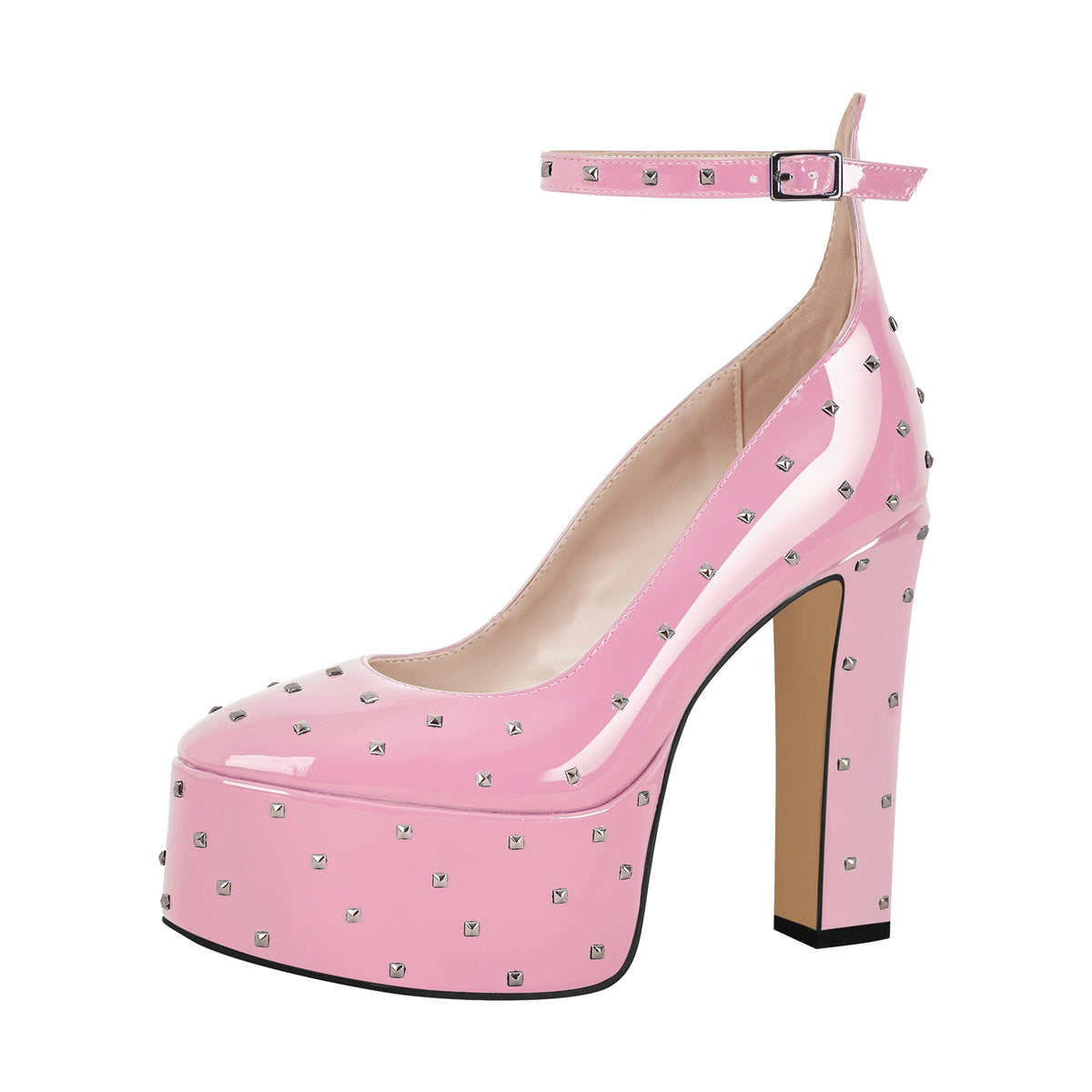 Rivet Platform Chunky Heel Ankle Strap Pumps | Onlymaker Everyday