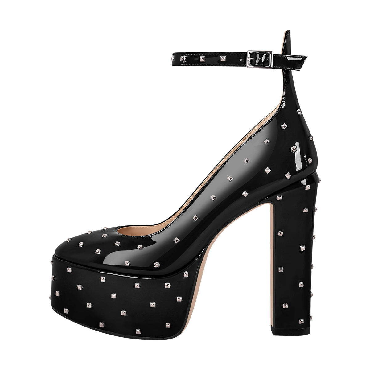 Rivet Platform Chunky Heel Ankle Strap Pumps | Onlymaker Everyday