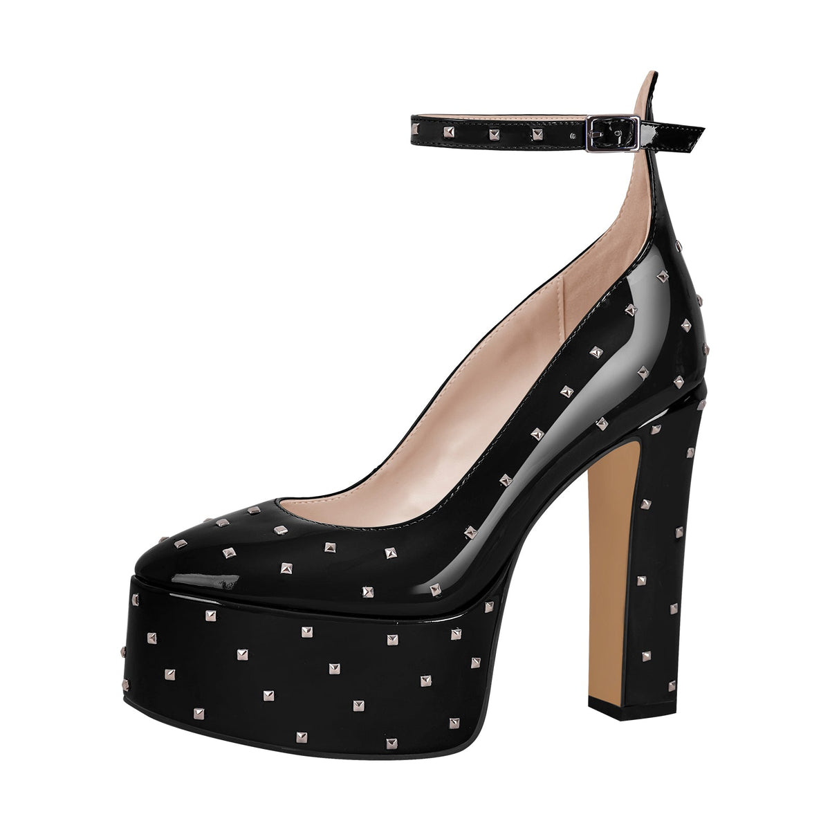 Rivet Platform Chunky Heel Ankle Strap Pumps | Onlymaker Everyday