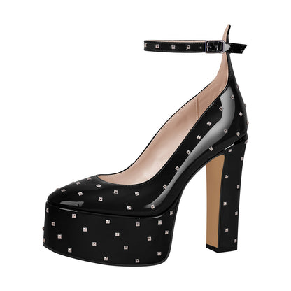Rivet Platform Chunky Heel Ankle Strap Pumps | Onlymaker Everyday