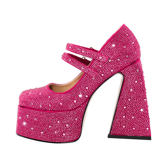 Platform Rhinestone Chunky Heel Mary Jane Pumps | Onlymaker Exclusive