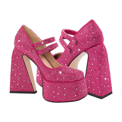 Platform Rhinestone Chunky Heel Mary Jane Pumps | Onlymaker Exclusive