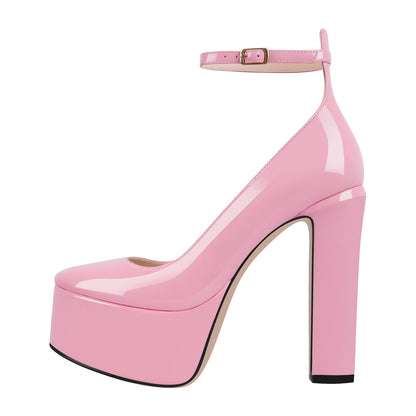 Platform Chunky Heel Ankle Strap Pink Pumps | Onlymaker Hot Sale