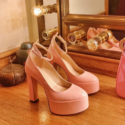 Platform Chunky Heel Ankle Strap Pink Pumps | Onlymaker Hot Sale