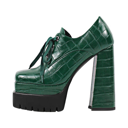 Double Platform Leather Patterned Lace Up Pumps | Onlymaker Deals
