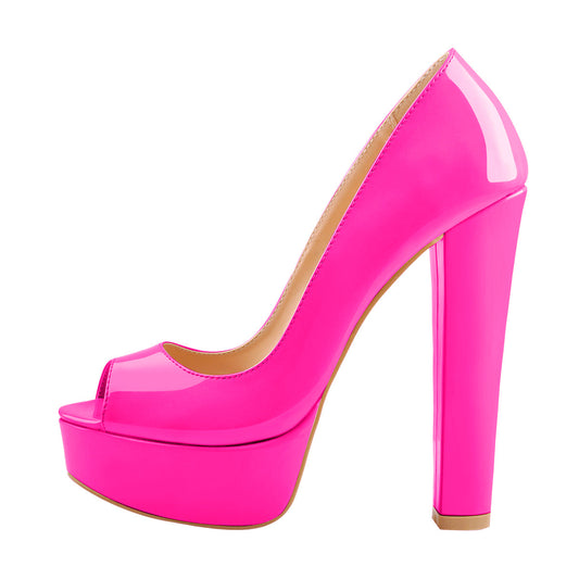 Peep Toe Platform Rose Red Chunky High Heel Pumps | Onlymaker Quality