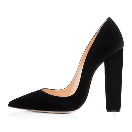 Black Pointed toe Chunky Heels Basic Pumps | Onlymaker Trending