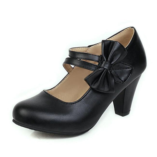 Bow Round Toe Mary Jane Chunky Heel Pumps | Onlymaker Recommended