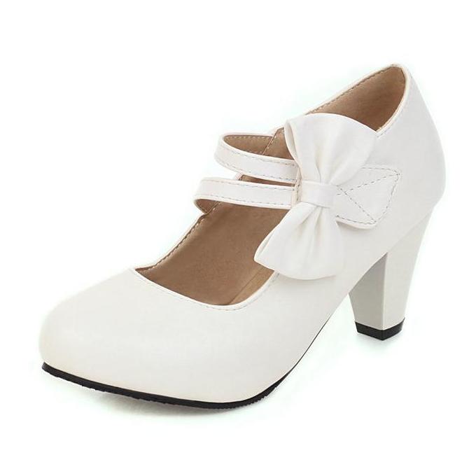 Bow Round Toe Mary Jane Chunky Heel Pumps | Onlymaker Recommended