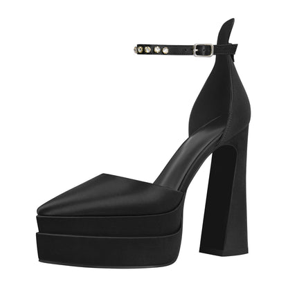 Double Platform Pointed Toe Chunky Heel Pumps | Onlymaker Great Value