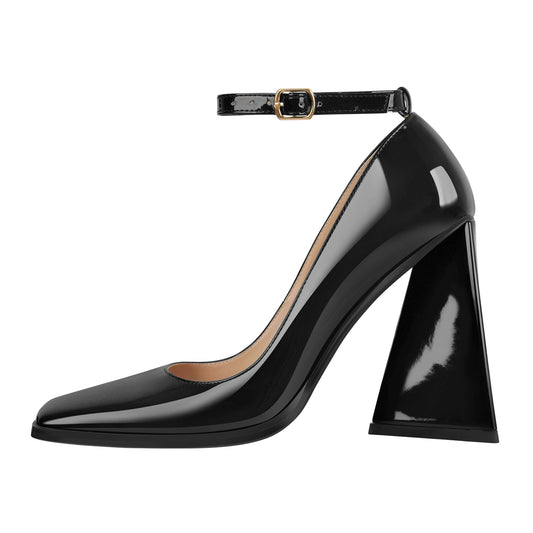 Patent Leather Ankle Strap Chunky High Heel Pumps | Onlymaker Popular