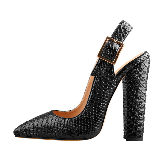 Slingback Pointed Toe Fish Scale Chunky Heel Pumps | Onlymaker Quality