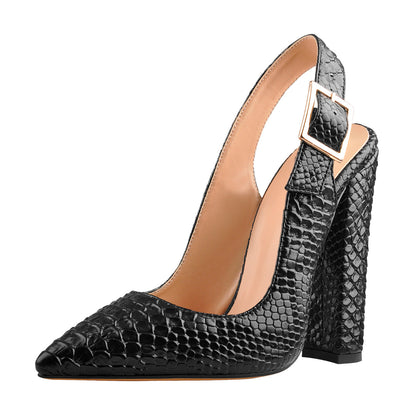 Slingback Pointed Toe Fish Scale Chunky Heel Pumps | Onlymaker Quality