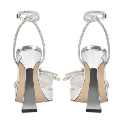 Pointed Toe Platform Rhinestone Bow Block Heel Pumps | Onlymaker Great Value