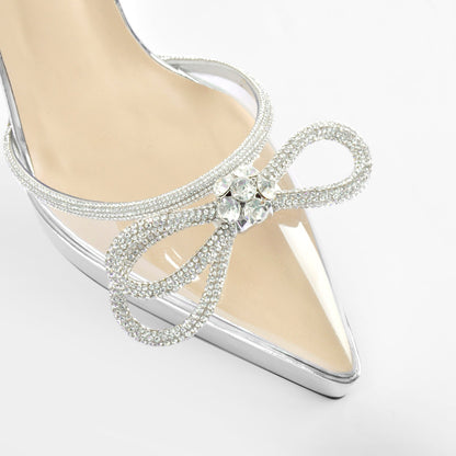 Pointed Toe Platform Rhinestone Bow Block Heel Pumps | Onlymaker Great Value