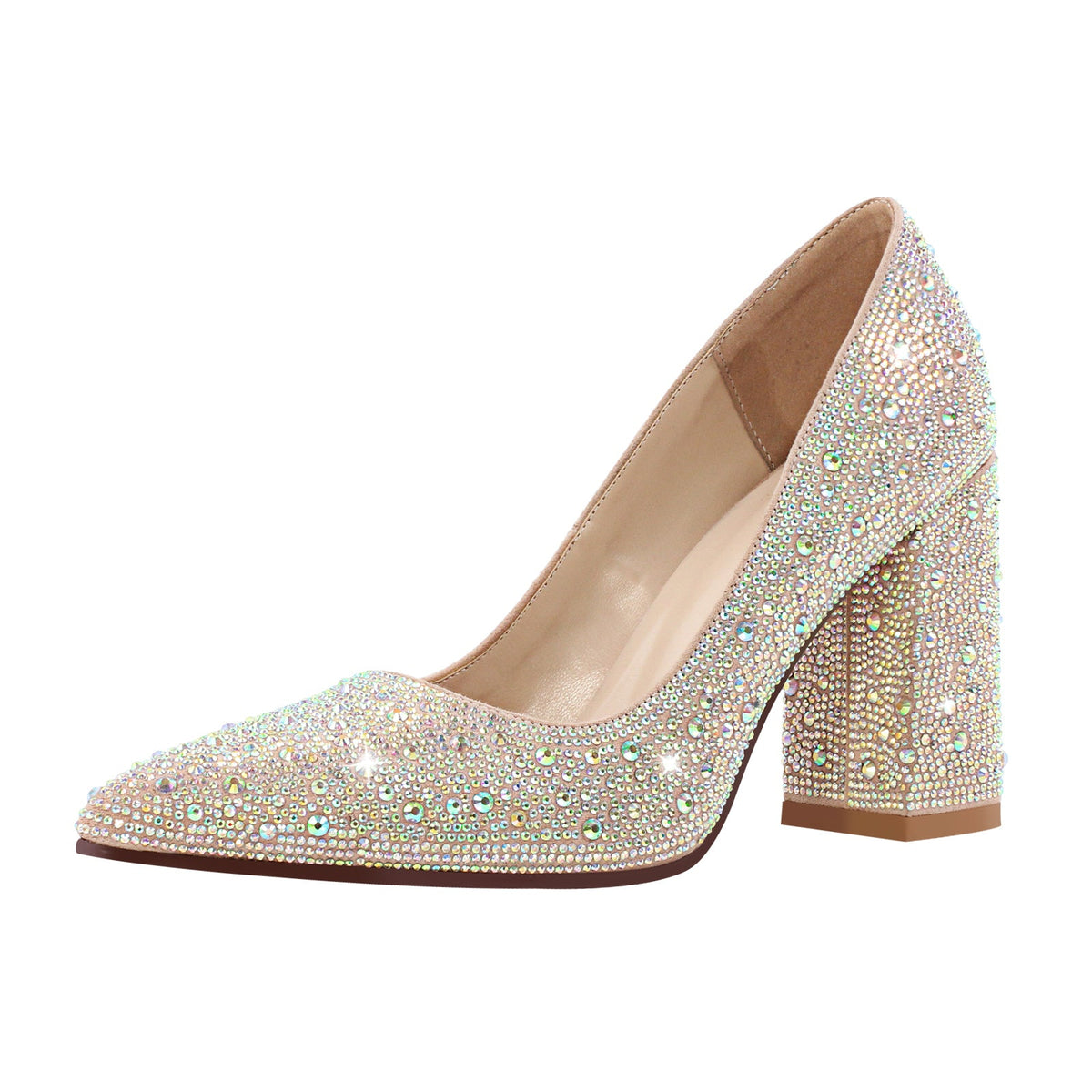 Rhinestone Pointed Toe Chunky Heel Pumps | Onlymaker Trending