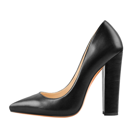 Matte Black Elegant Classic Pointed Toe Pumps Chunky Heels | Onlymaker Customer Favorite