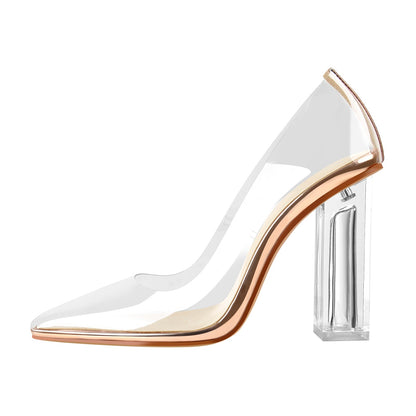 Clear Pointed Toe Block High Heel Pumps | Onlymaker Featured
