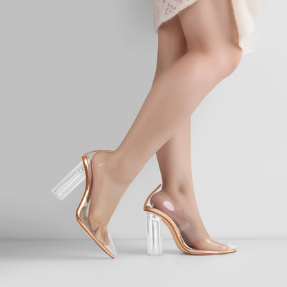 Clear Pointed Toe Block High Heel Pumps | Onlymaker Featured