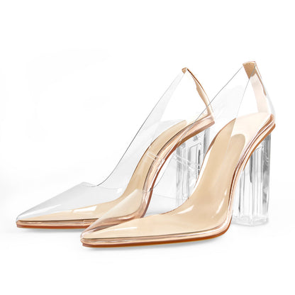 Clear Pointed Toe Block High Heel Pumps | Onlymaker Featured
