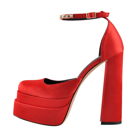 Red Rhinestone Double Platform Chunky Heel Pumps | Onlymaker Great Value