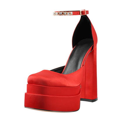 Red Rhinestone Double Platform Chunky Heel Pumps | Onlymaker Great Value