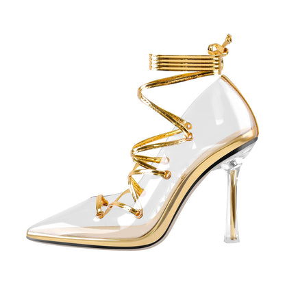 Pointed Toe Lace-Up Transparent Stilettos Pumps | Onlymaker Top Pick
