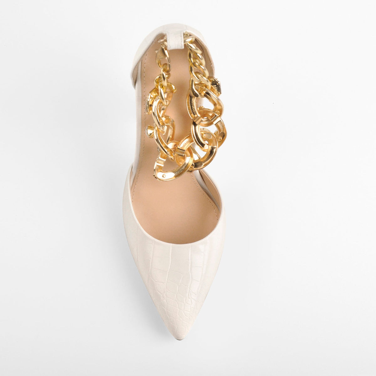 Stone White Pointed Toe Metal Chain Clear Stiletto Pumps | Onlymaker Essential