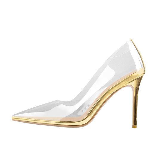 Transparent Pointed Toe Slip on Gold High Heel Stiletto Pumps | Onlymaker Best Seller