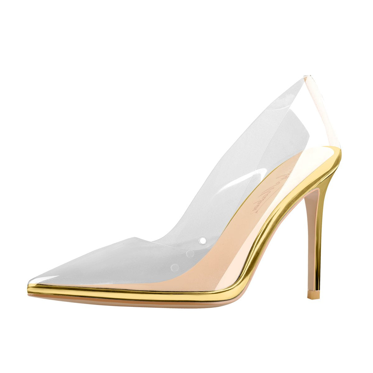 Transparent Pointed Toe Slip on Gold High Heel Stiletto Pumps | Onlymaker Best Seller