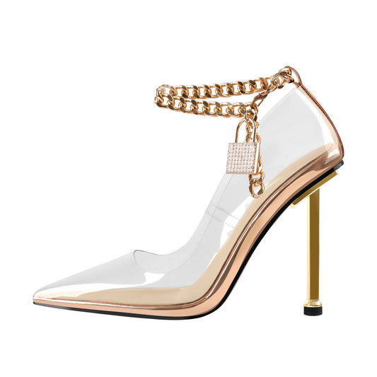 Clear Pointed Toe Metal Chain Lock High Metal Heels Stiletto Pumps | Onlymaker Signature